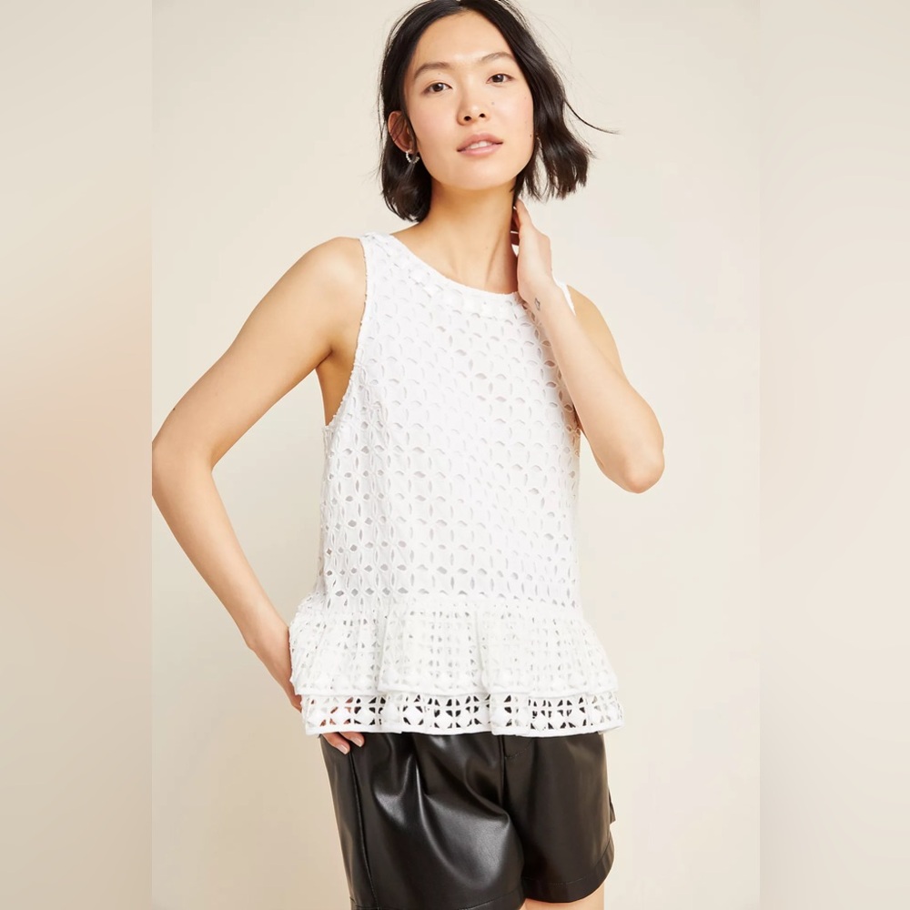 Maeve Monika Beaded Eyelet Blouse White Peplum Tank Anthropologie | Sz XS